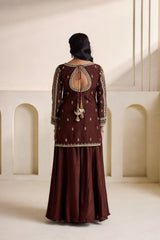 Brown Embroidered Silk Kurti & Sharara Set