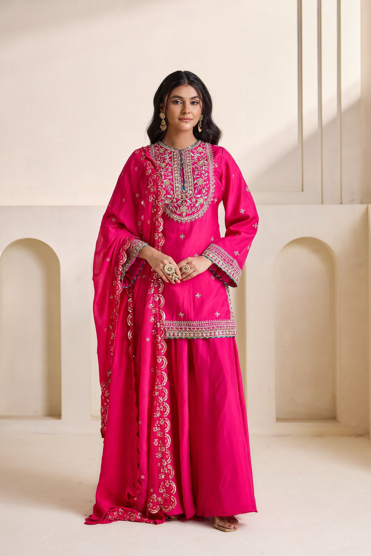 Fuchsia Embroidered Silk Kurti & Sharara Set