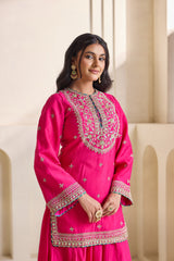 Fuchsia Embroidered Silk Kurti & Sharara Set