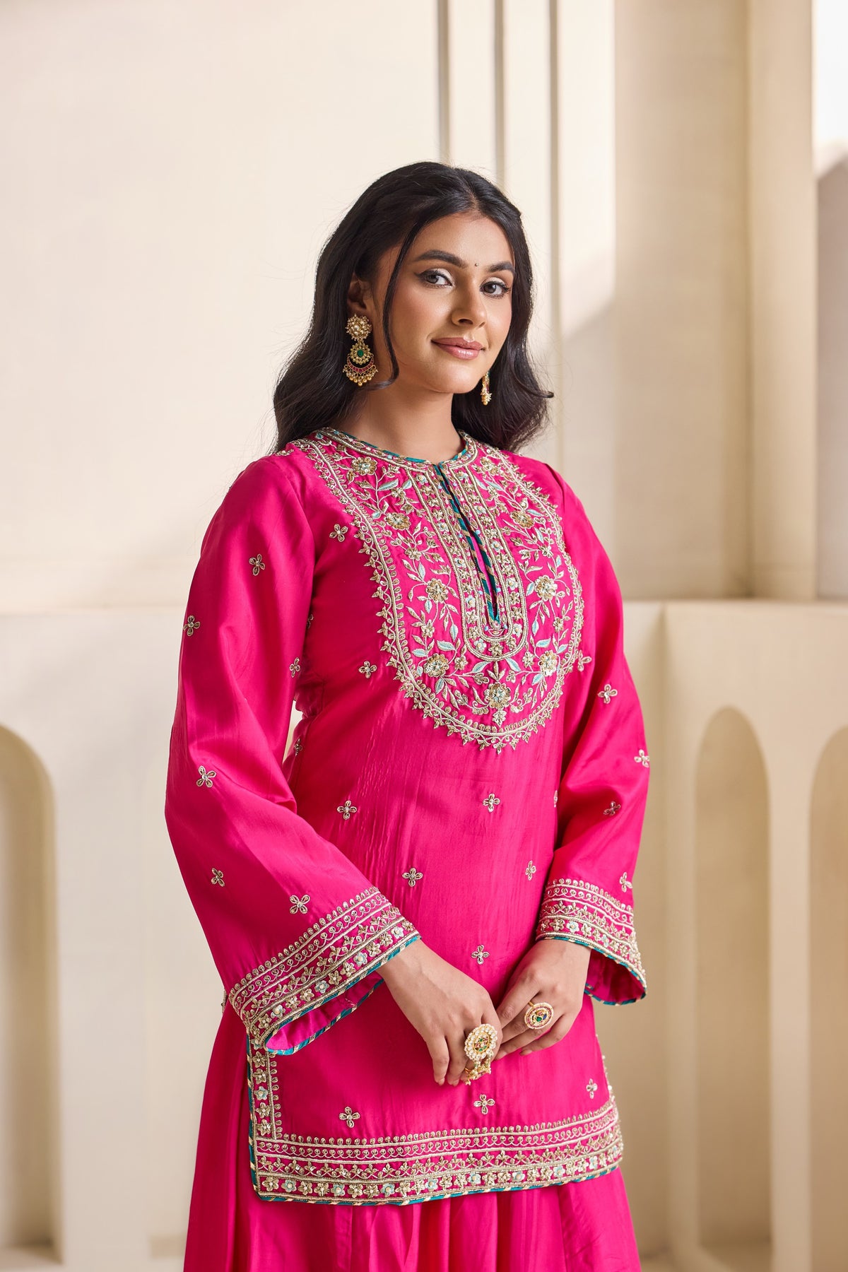 Fuchsia Embroidered Silk Kurti & Sharara Set