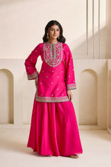 Fuchsia Embroidered Silk Kurti & Sharara Set