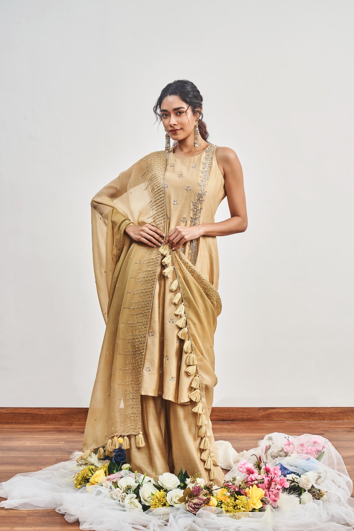 Beige Kalidaar Set with Beige x Olive Green Shaded Satin Organza Dupatta