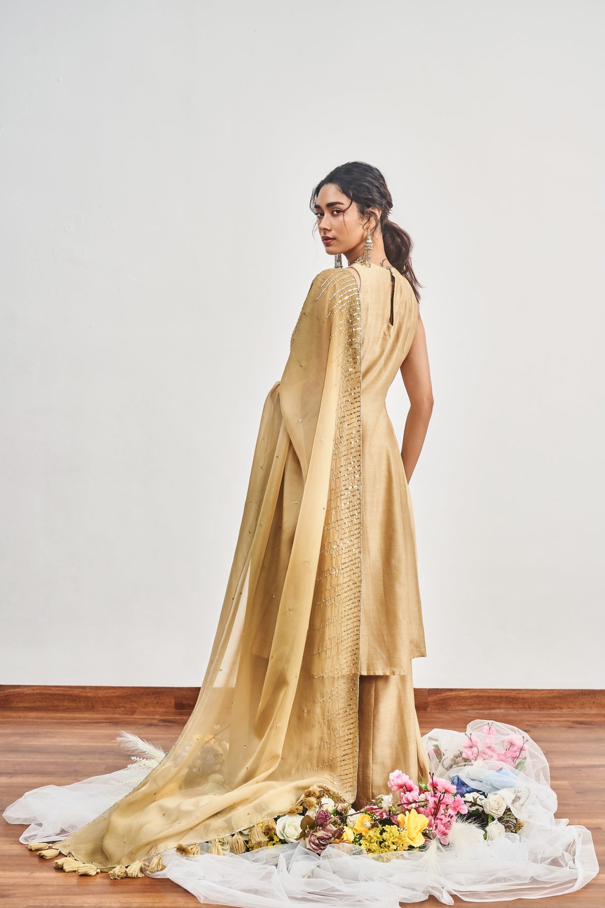 Beige Kalidaar Set with Beige x Olive Green Shaded Satin Organza Dupatta