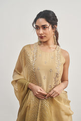 Beige Kalidaar Set with Beige x Olive Green Shaded Satin Organza Dupatta