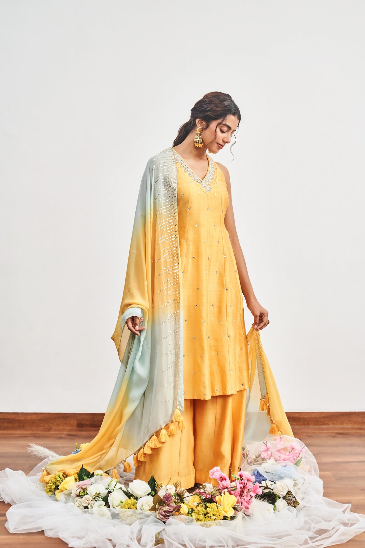 Mustard Yellow Kalidaar Set with Mustard Yellow x Turquoise Shaded Satin Organza Dupatta