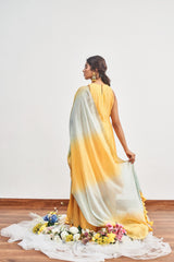 Mustard Yellow Kalidaar Set with Mustard Yellow x Turquoise Shaded Satin Organza Dupatta