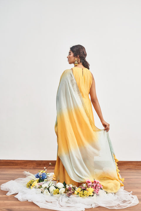 Mustard Yellow Kalidaar Set with Mustard Yellow x Turquoise Shaded Satin Organza Dupatta