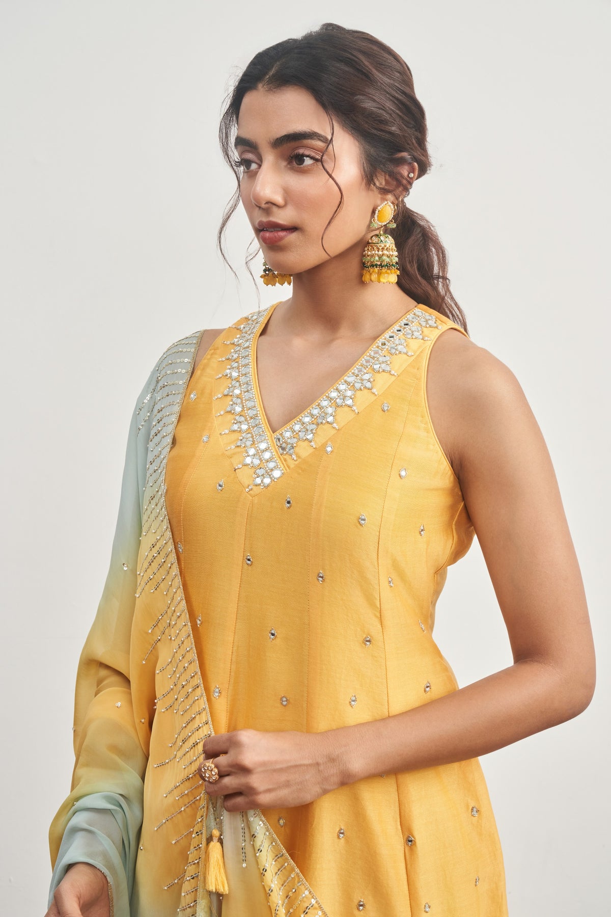 Mustard Yellow Kalidaar Set with Mustard Yellow x Turquoise Shaded Satin Organza Dupatta