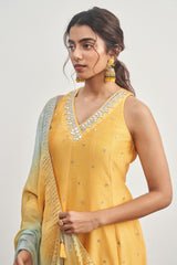 Mustard Yellow Kalidaar Set with Mustard Yellow x Turquoise Shaded Satin Organza Dupatta