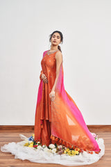 Burnt Orange Kalidaar Set with Burnt Orange x Hot Pink Shaded Satin Organza Dupatta