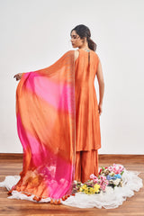 Burnt Orange Kalidaar Set with Burnt Orange x Hot Pink Shaded Satin Organza Dupatta