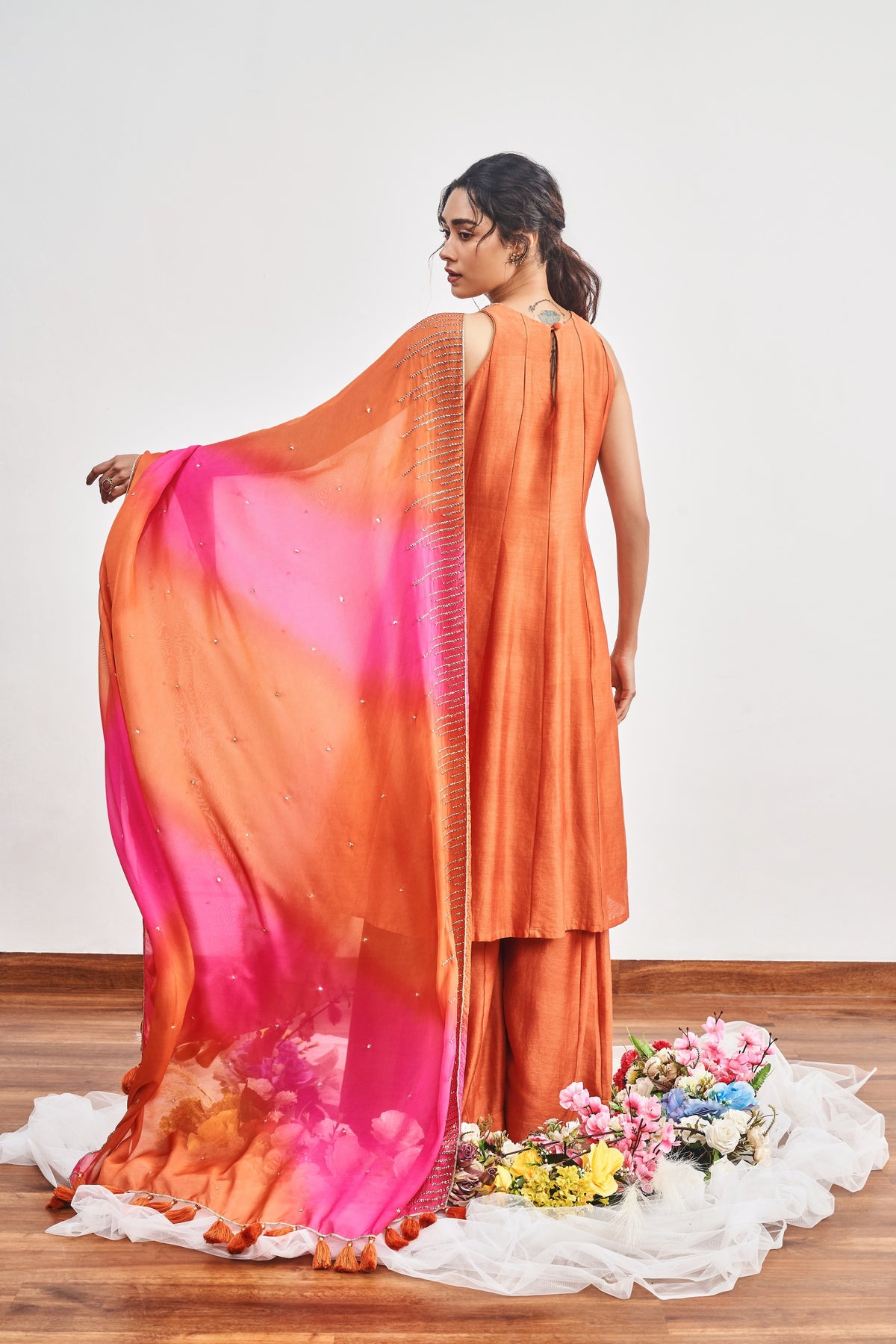 Burnt Orange Kalidaar Set with Burnt Orange x Hot Pink Shaded Satin Organza Dupatta
