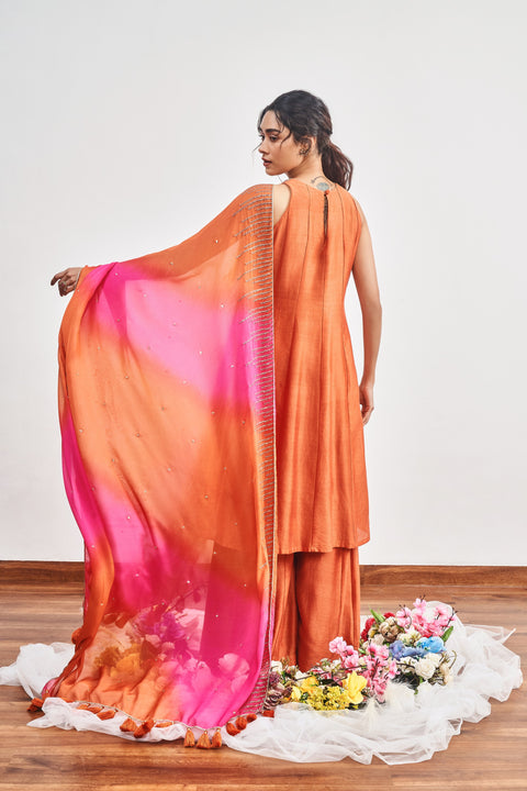 Burnt Orange Kalidaar Set with Burnt Orange x Hot Pink Shaded Satin Organza Dupatta
