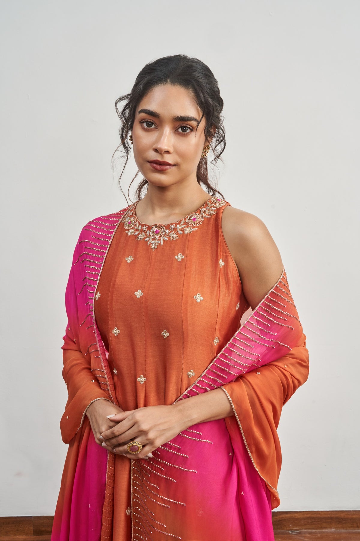 Burnt Orange Kalidaar Set with Burnt Orange x Hot Pink Shaded Satin Organza Dupatta