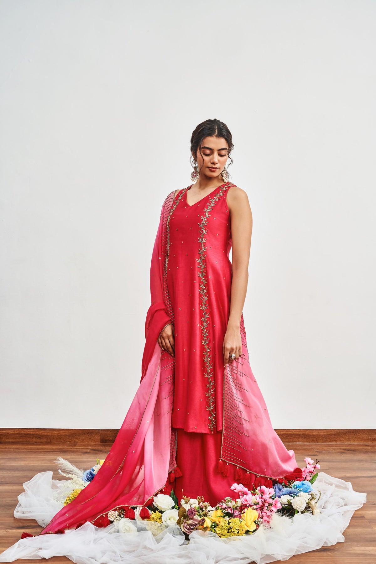 Crimson Pink Kalidaar Set with Crimson Pink x Baby Pink Shaded Satin Organza Dupatta
