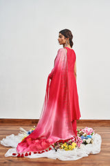 Crimson Pink Kalidaar Set with Crimson Pink x Baby Pink Shaded Satin Organza Dupatta