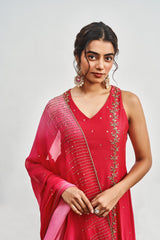 Crimson Pink Kalidaar Set with Crimson Pink x Baby Pink Shaded Satin Organza Dupatta