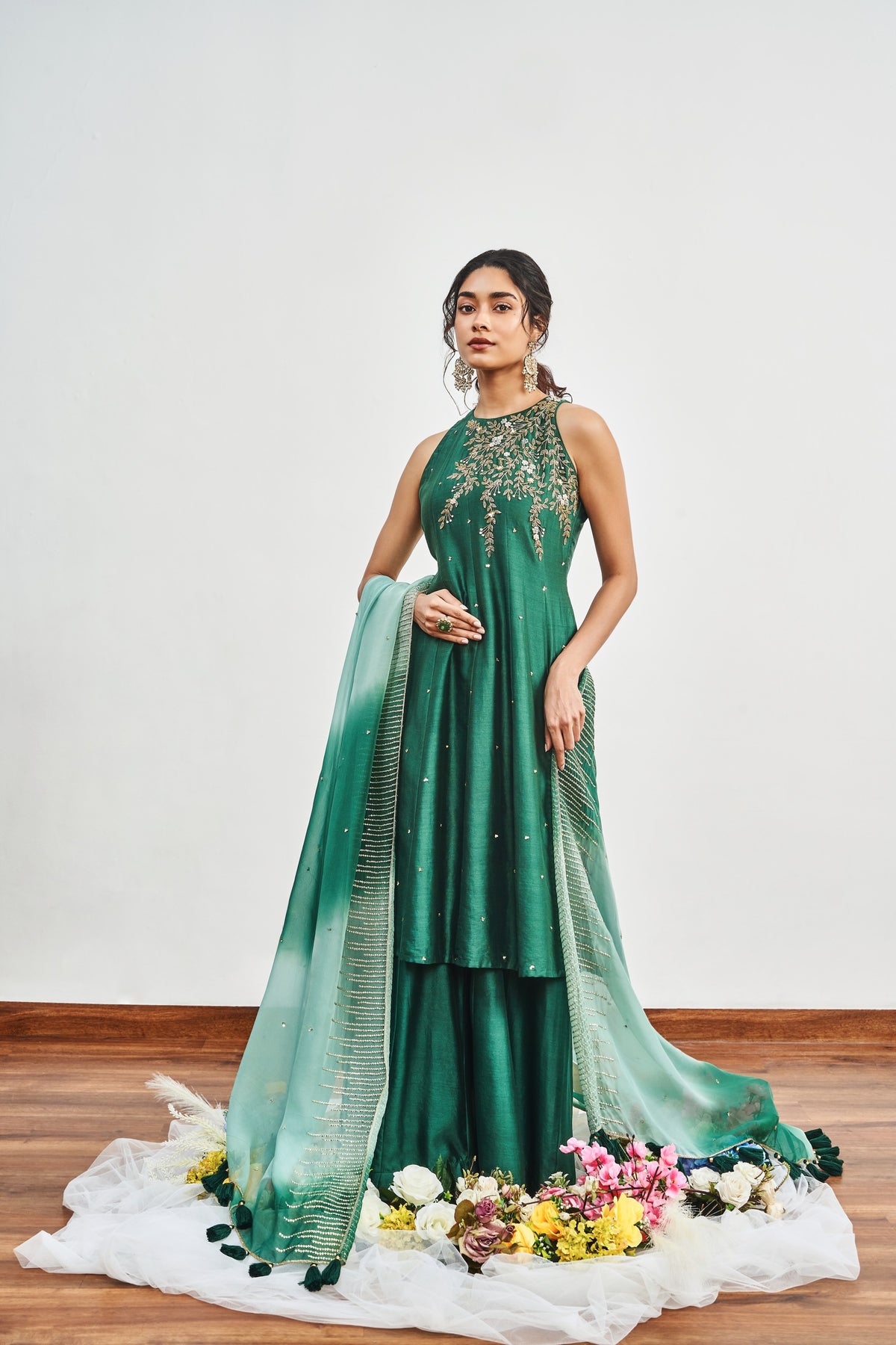 Bottle Green Kalidaar Set with Bottle Green x Mint Green Shaded Satin Organza Dupatta