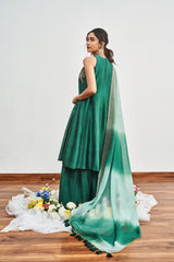 Bottle Green Kalidaar Set with Bottle Green x Mint Green Shaded Satin Organza Dupatta