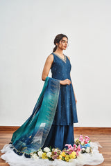 Teal Blue Kalidaar Set with Teal Blue x Bottle Green Shaded Satin Organza Dupatta