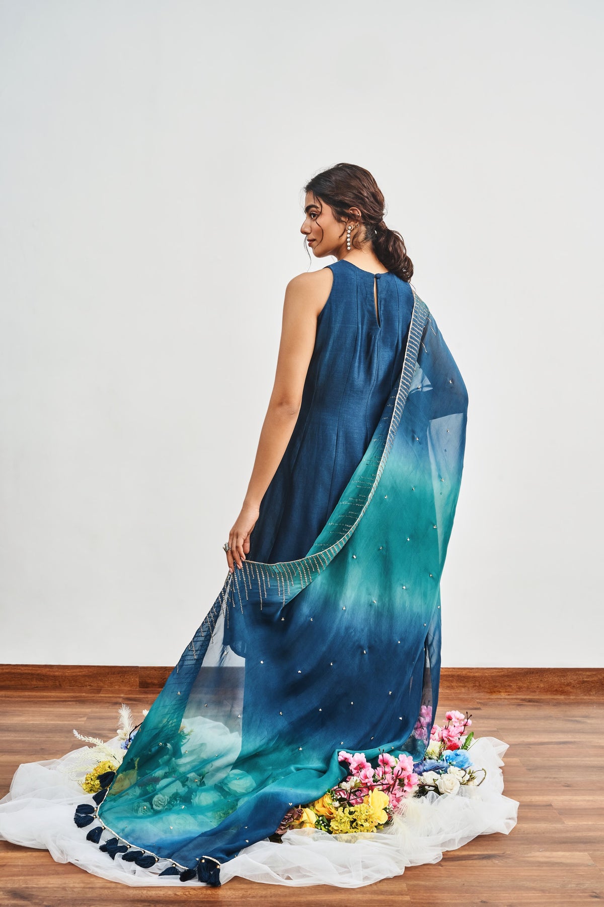 Teal Blue Kalidaar Set with Teal Blue x Bottle Green Shaded Satin Organza Dupatta