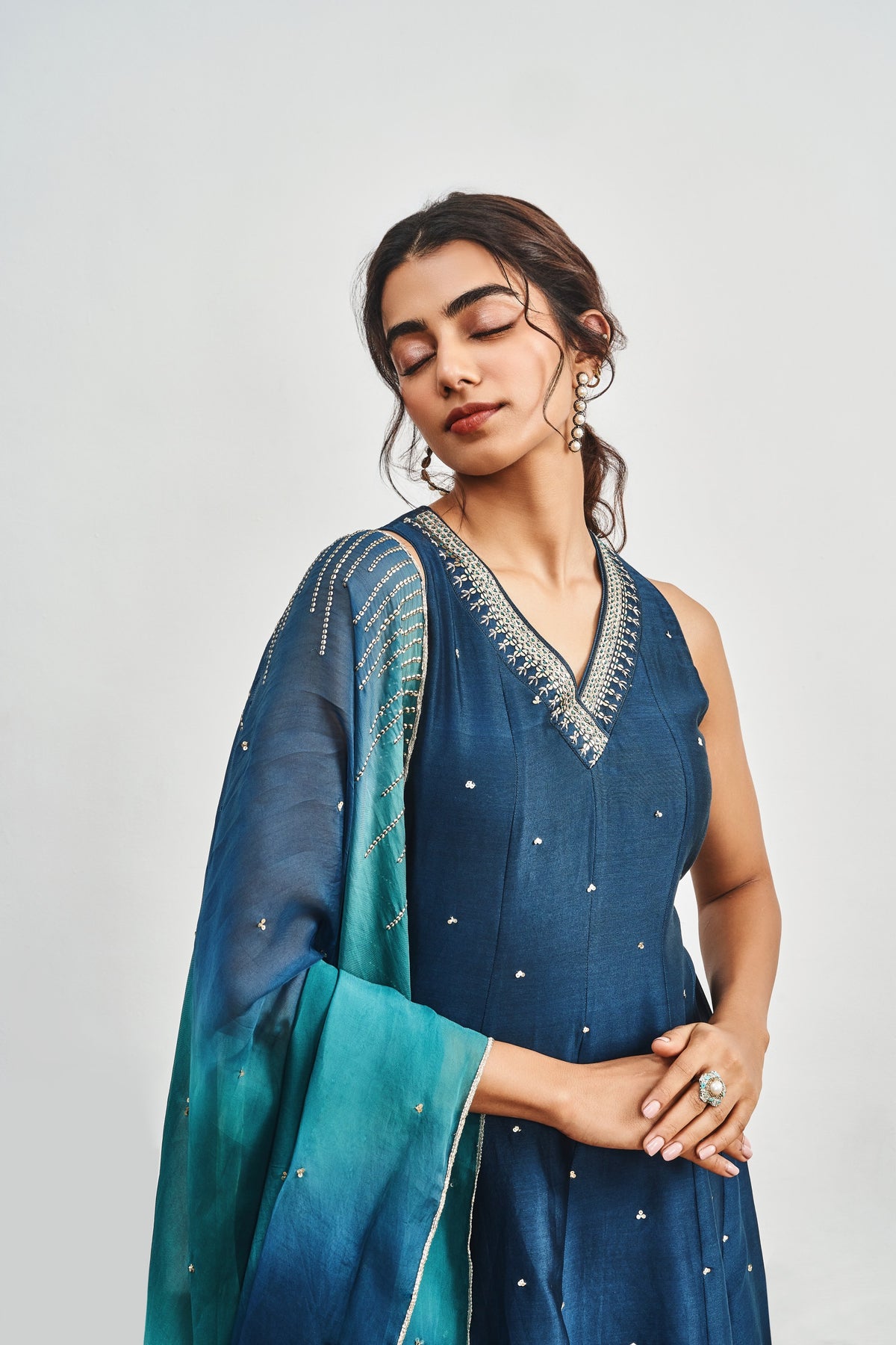 Teal Blue Kalidaar Set with Teal Blue x Bottle Green Shaded Satin Organza Dupatta