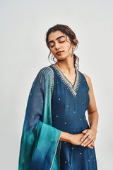Teal Blue Kalidaar Set with Teal Blue x Bottle Green Shaded Satin Organza Dupatta