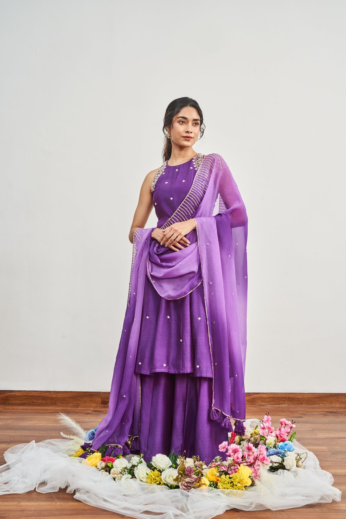Purple Kalidaar Set with Purple x Dirty Lilac Shaded Satin Organza Dupatta