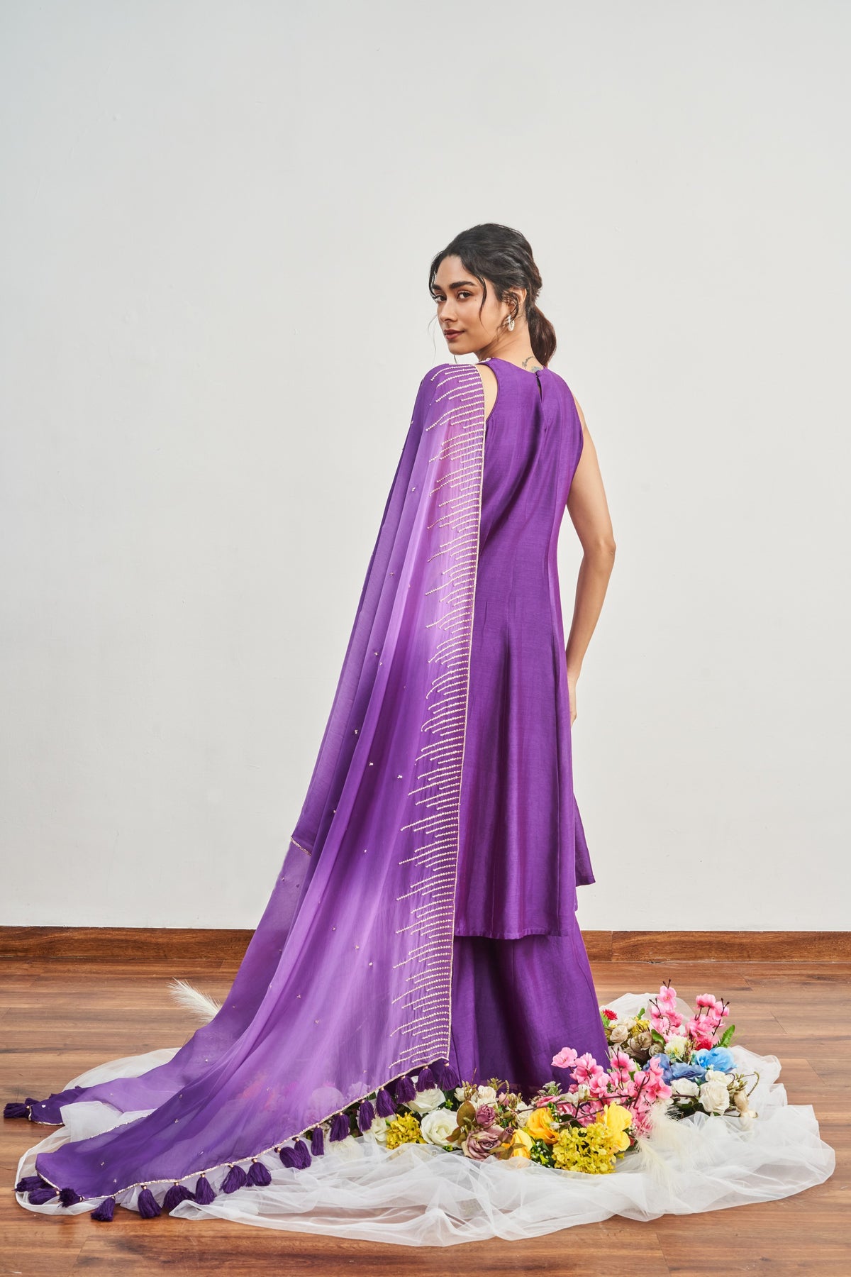 Purple Kalidaar Set with Purple x Dirty Lilac Shaded Satin Organza Dupatta