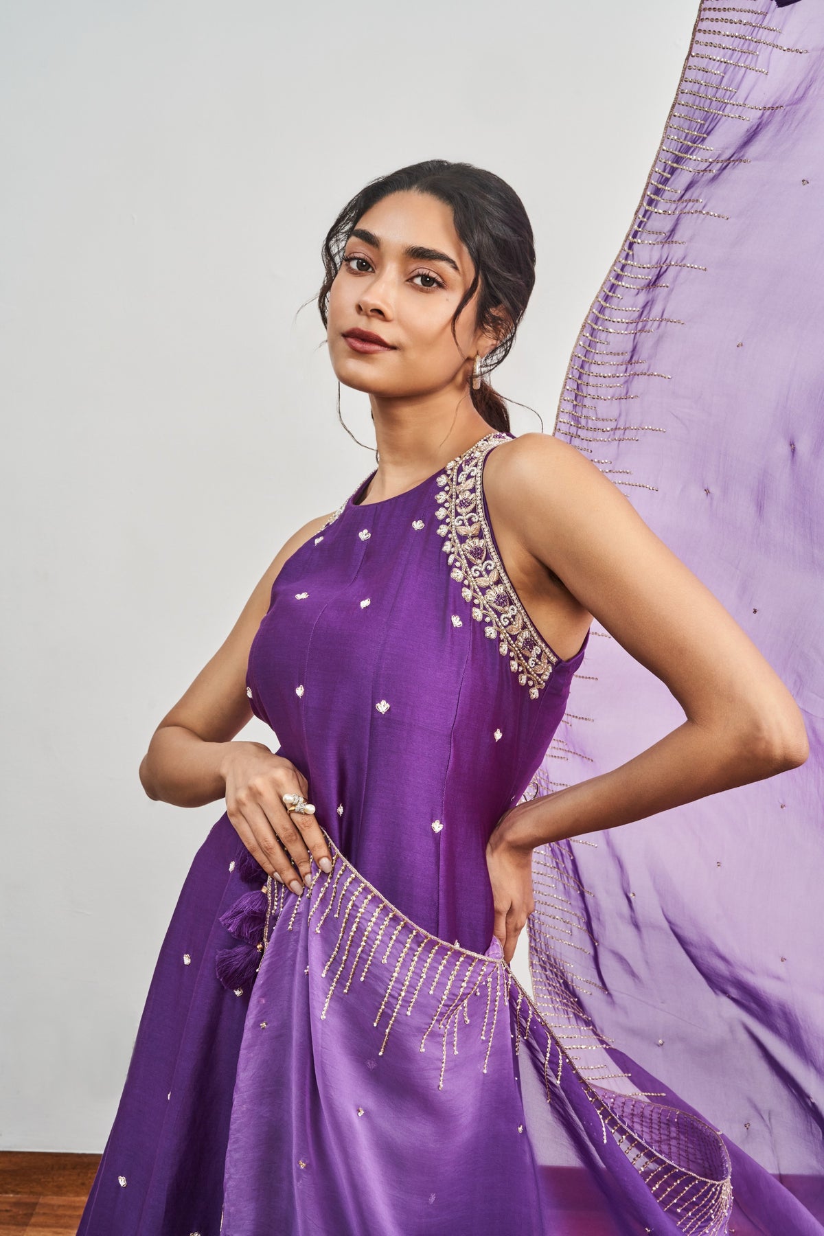 Purple Kalidaar Set with Purple x Dirty Lilac Shaded Satin Organza Dupatta