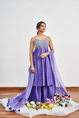 Ink Blue Kalidaar Set with Ink Blue x Light Purple Shaded Satin Organza Dupatta