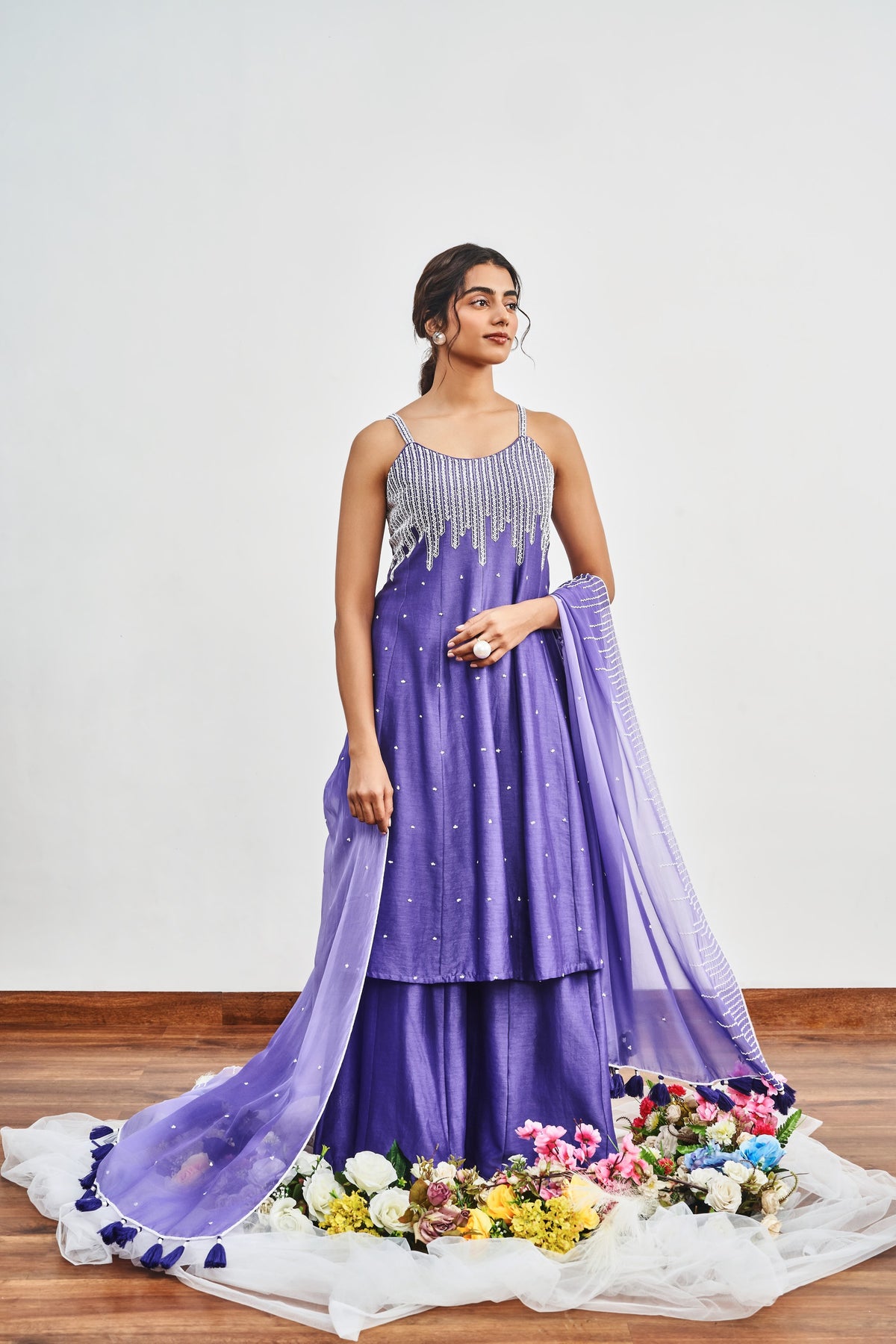 Ink Blue Kalidaar Set with Ink Blue x Light Purple Shaded Satin Organza Dupatta
