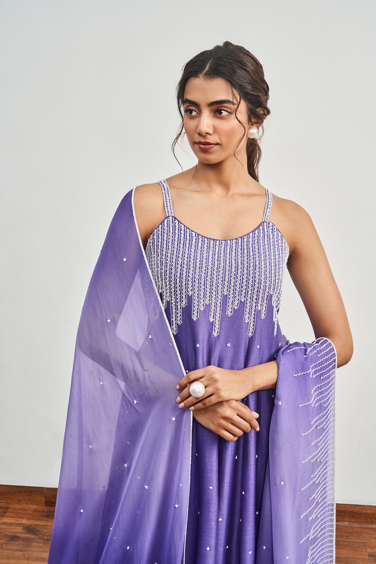 Ink Blue Kalidaar Set with Ink Blue x Light Purple Shaded Satin Organza Dupatta