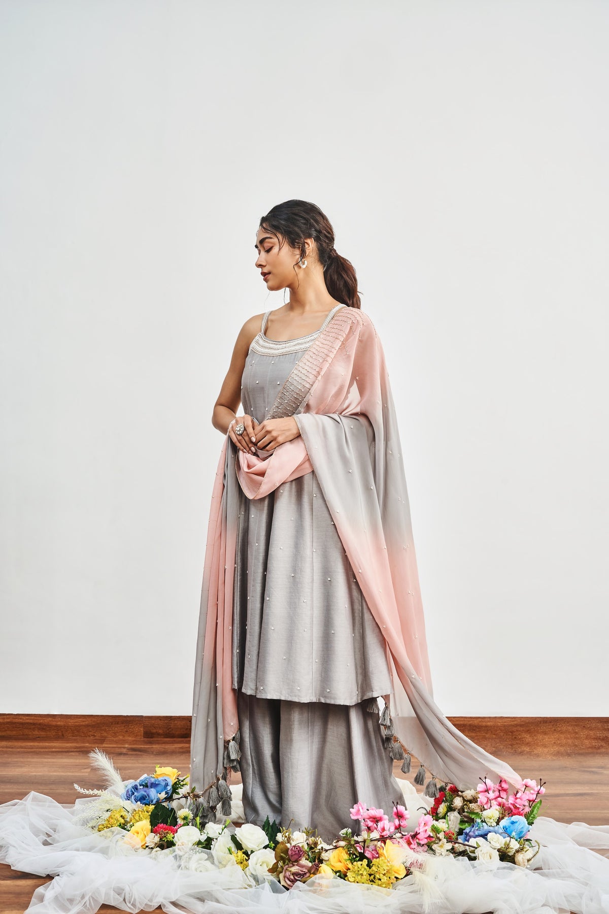 Grey Kalidaar Set with Grey x Pink Shaded Satin Organza Dupatta