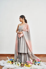 Grey Kalidaar Set with Grey x Pink Shaded Satin Organza Dupatta