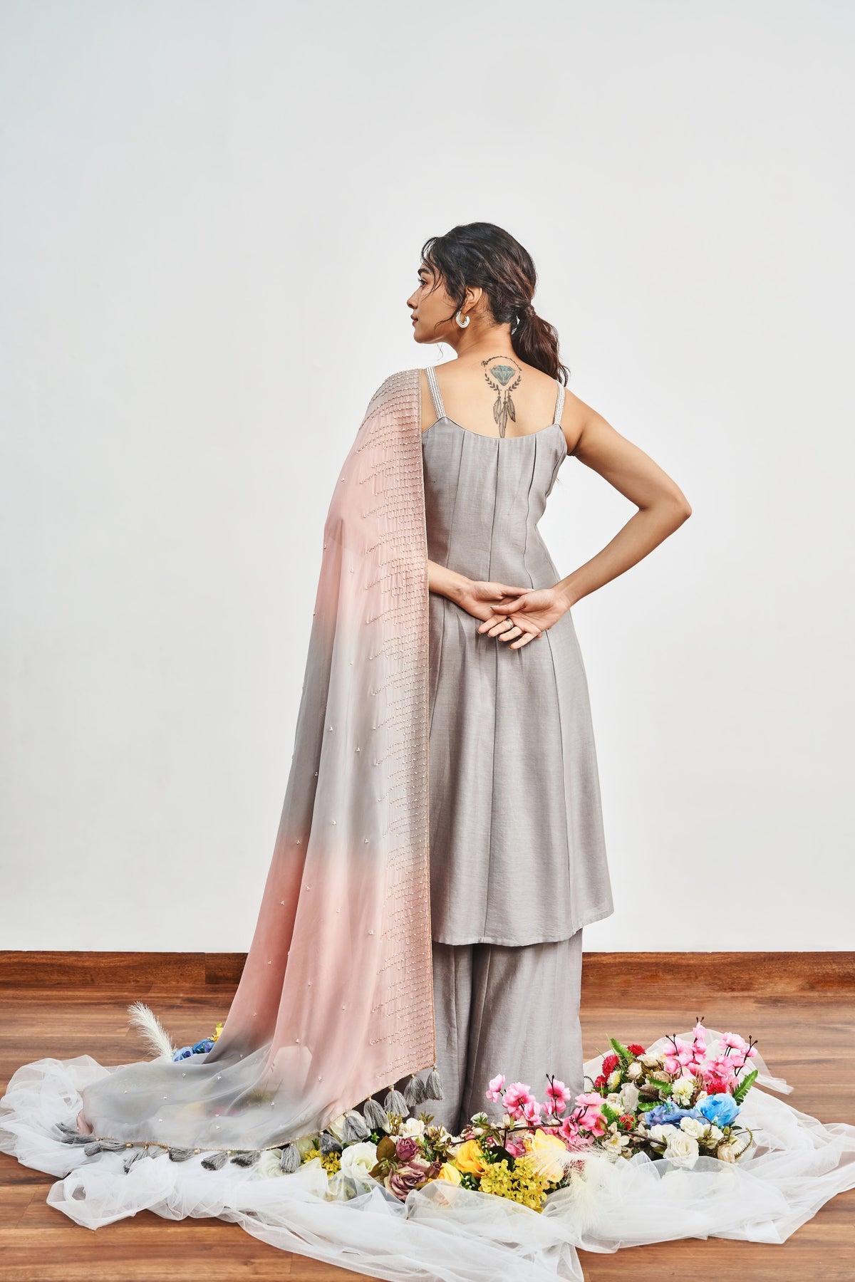 Grey Kalidaar Set with Grey x Pink Shaded Satin Organza Dupatta