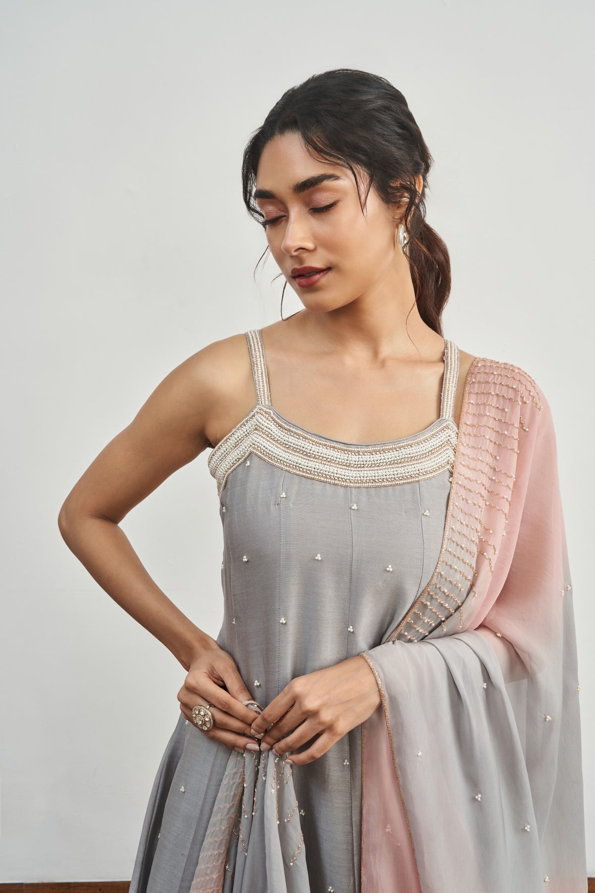 Grey Kalidaar Set with Grey x Pink Shaded Satin Organza Dupatta
