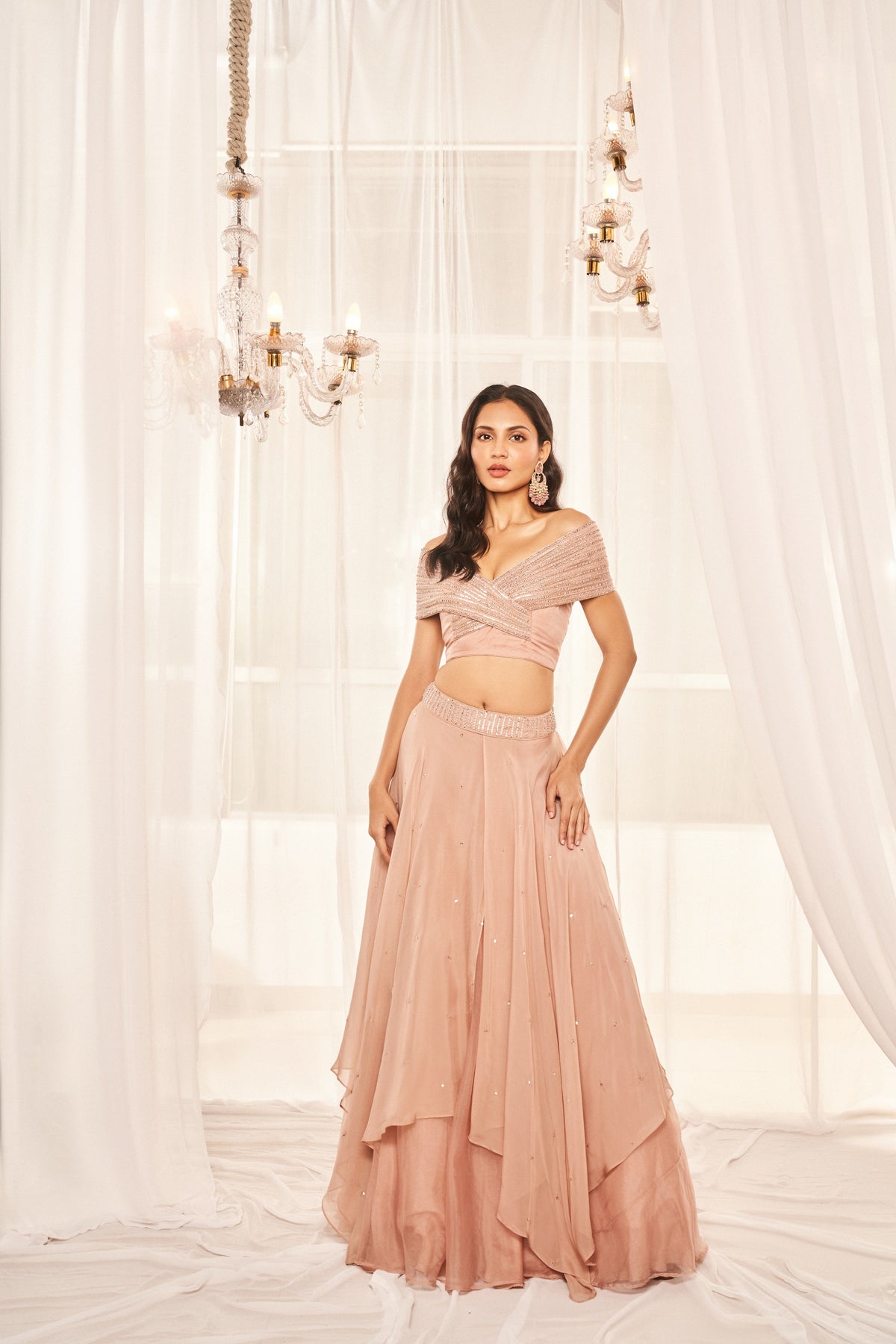 Blush Pink Asymmetric Layered Lehenga Set