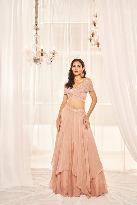 Blush Pink Asymmetric Layered Lehenga Set