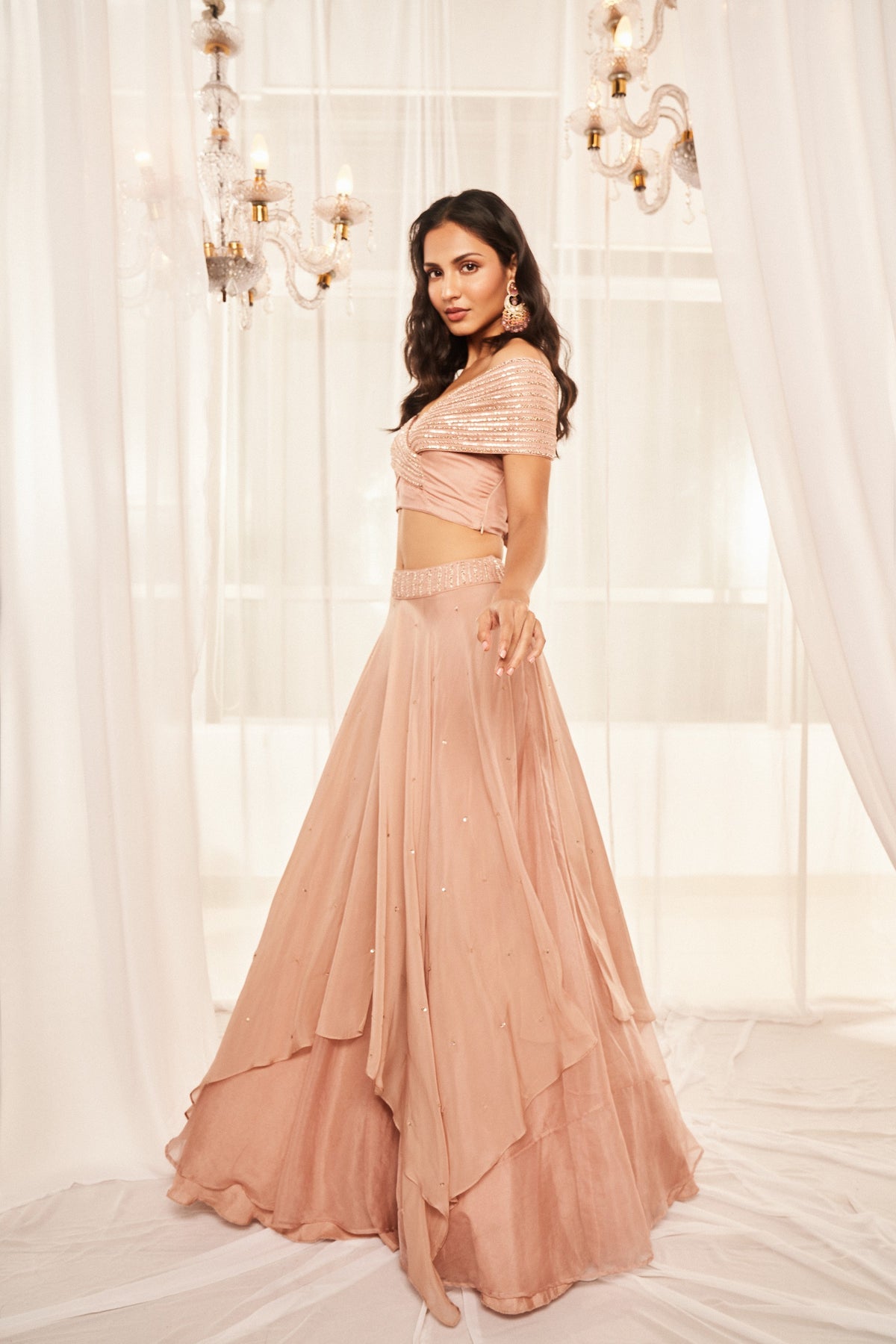 Blush Pink Asymmetric Layered Lehenga Set