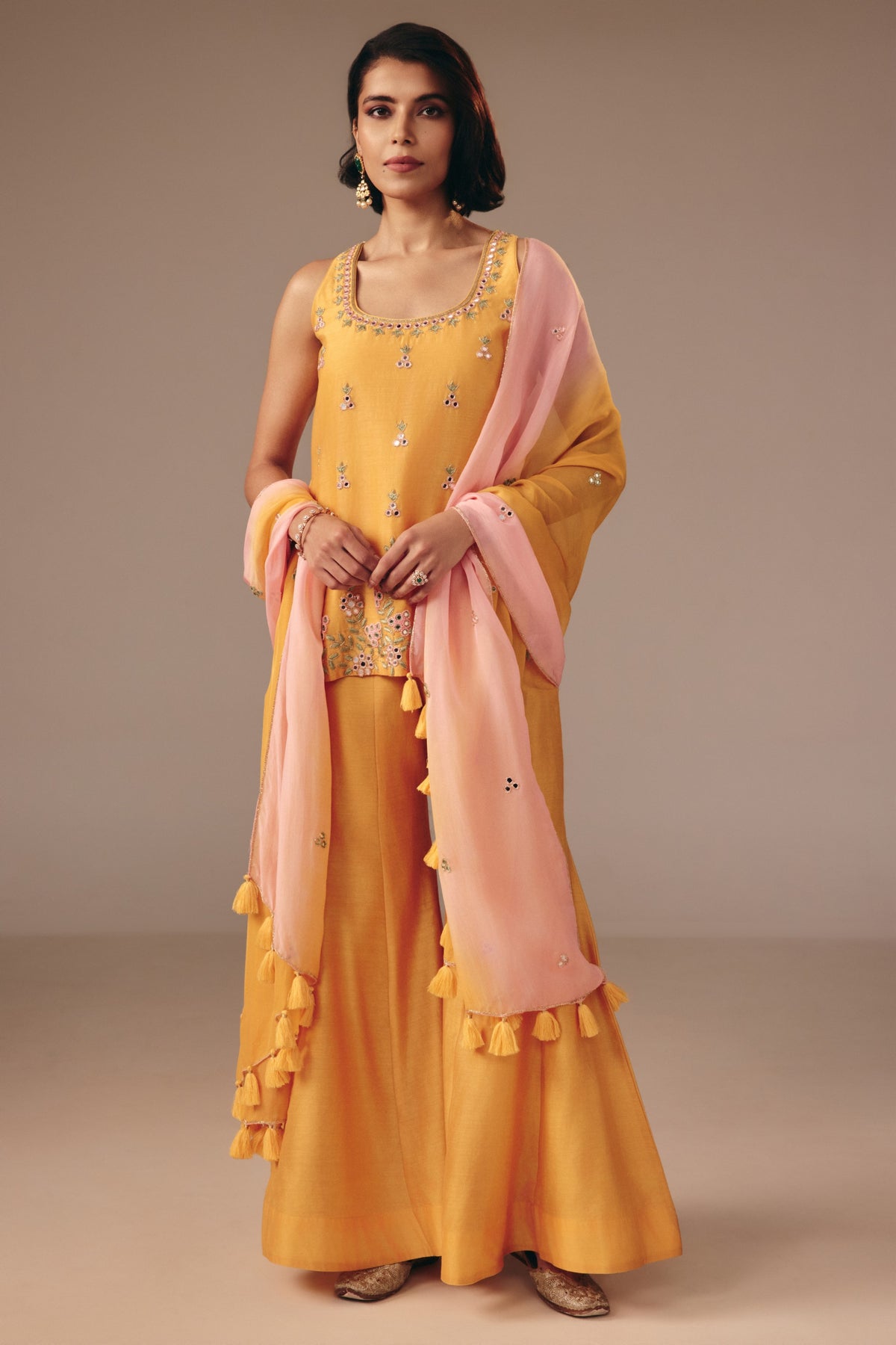 Yellow & Pink Kurta Pant Set