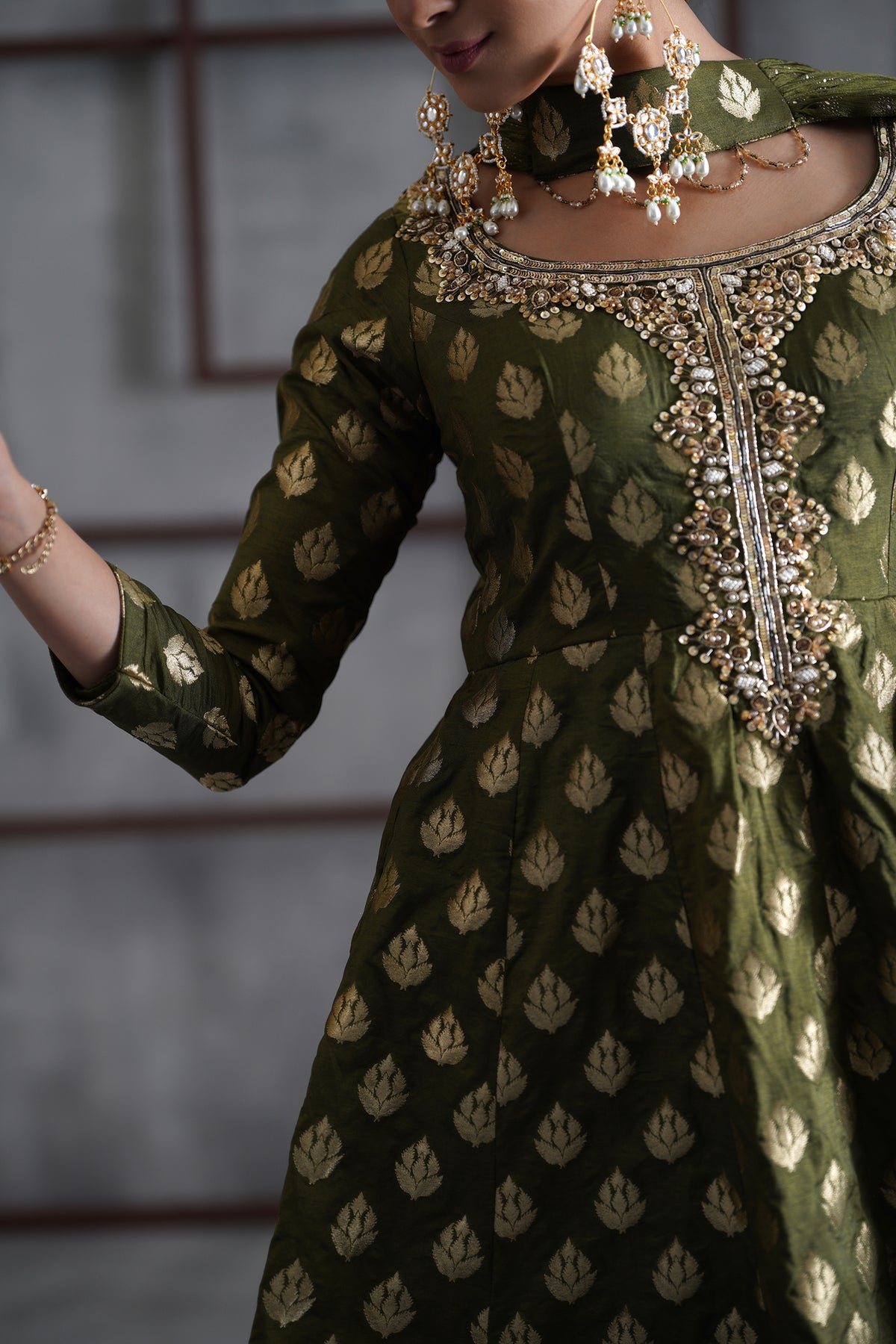 Olive Green Peplum, Tulip Salwar And Choker Dupatta