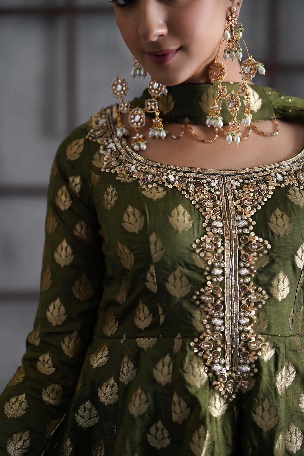 Olive Green Peplum, Tulip Salwar And Choker Dupatta