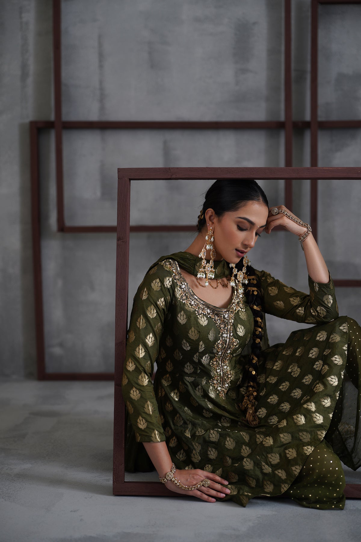 Olive Green Peplum, Tulip Salwar And Choker Dupatta