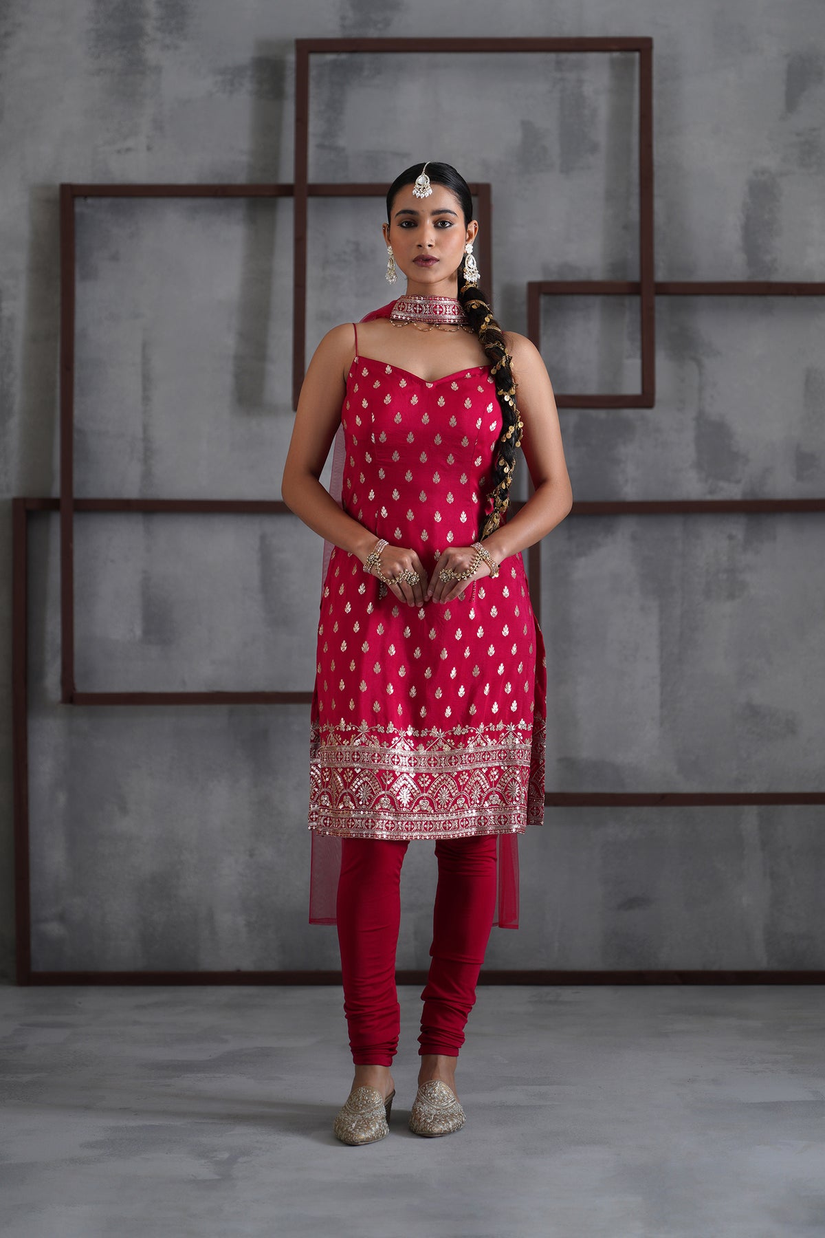 Fuchsia Kurti, Churidar And Chhoker Dupatta