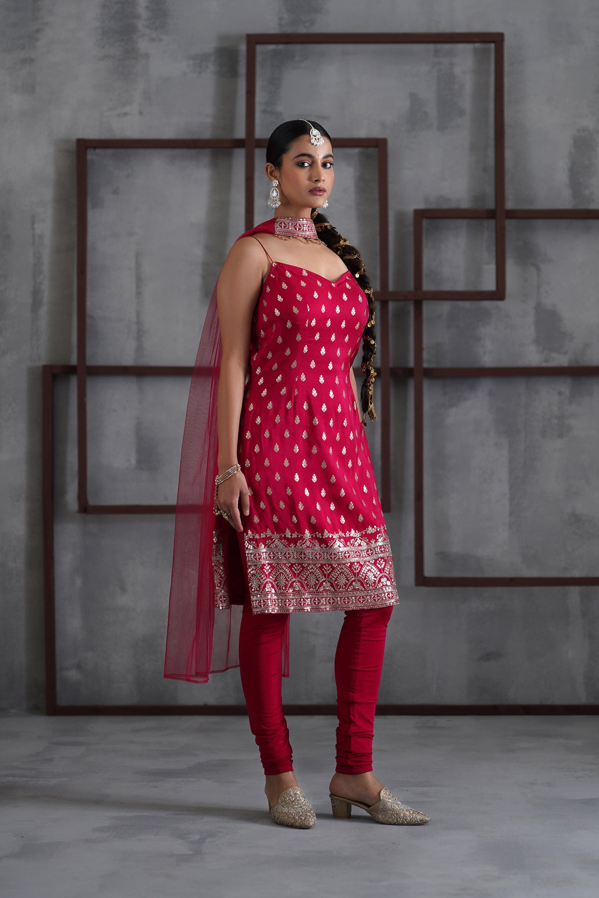 Fuchsia Kurti, Churidar And Chhoker Dupatta