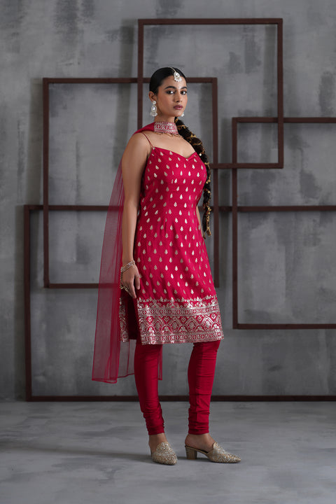 Fuchsia Kurti, Churidar And Chhoker Dupatta