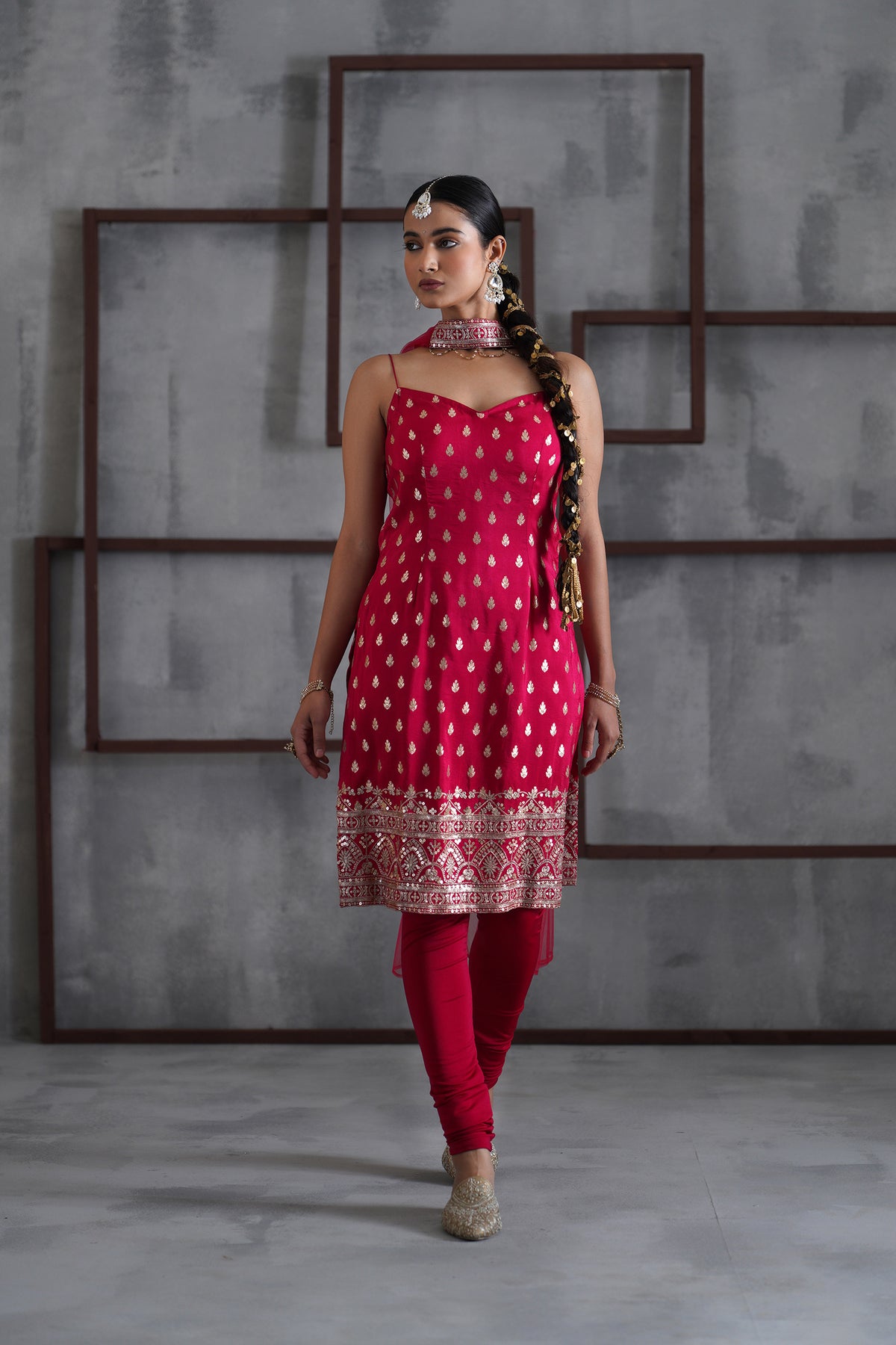 Fuchsia Kurti, Churidar And Chhoker Dupatta