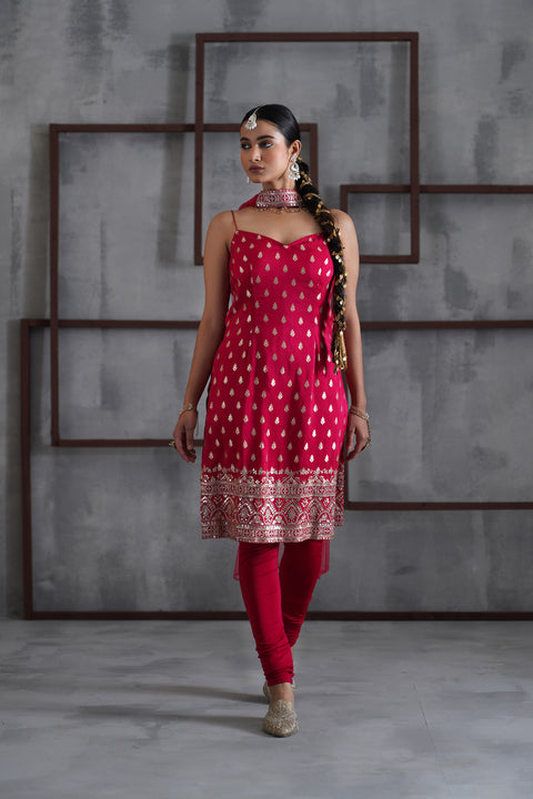 Fuchsia Kurti, Churidar And Chhoker Dupatta