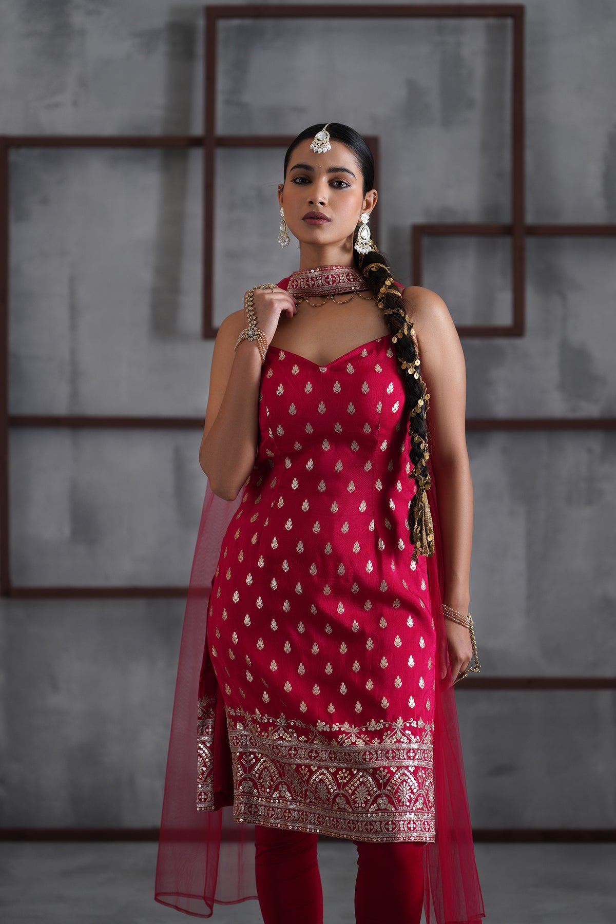 Fuchsia Kurti, Churidar And Chhoker Dupatta